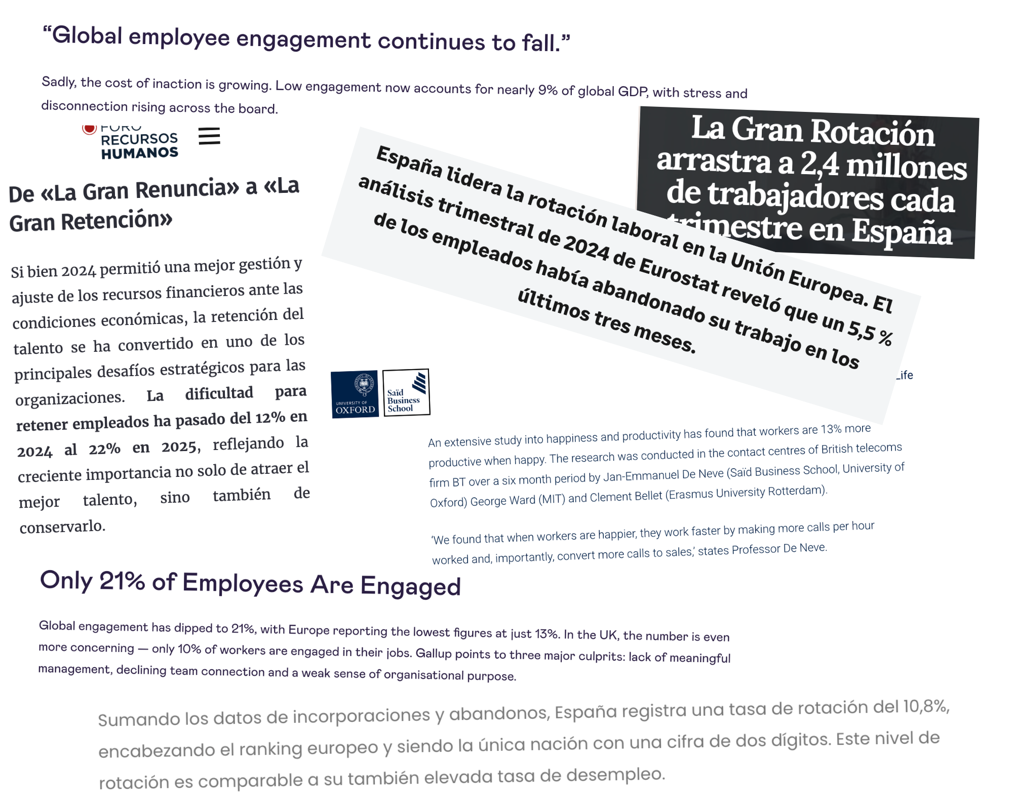 Collage de datos sobre rotación y bienestar laboral